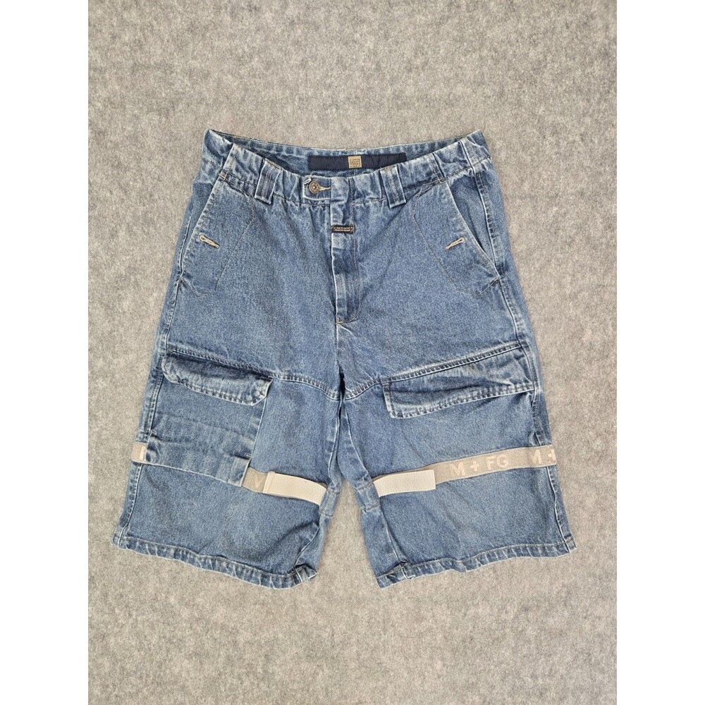 Y2K Marithe Francois Girbaud Denim Cargo Shorts Cream Strap Logo Men’s 34 Vtg